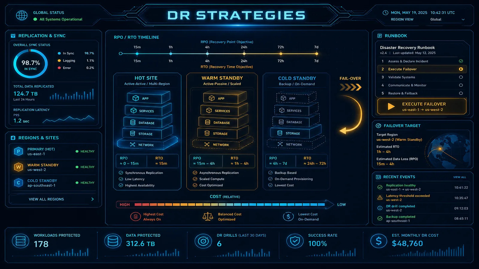 Four DR intensity cards from backup-and-restore to multi-site, with warm standby marked gold