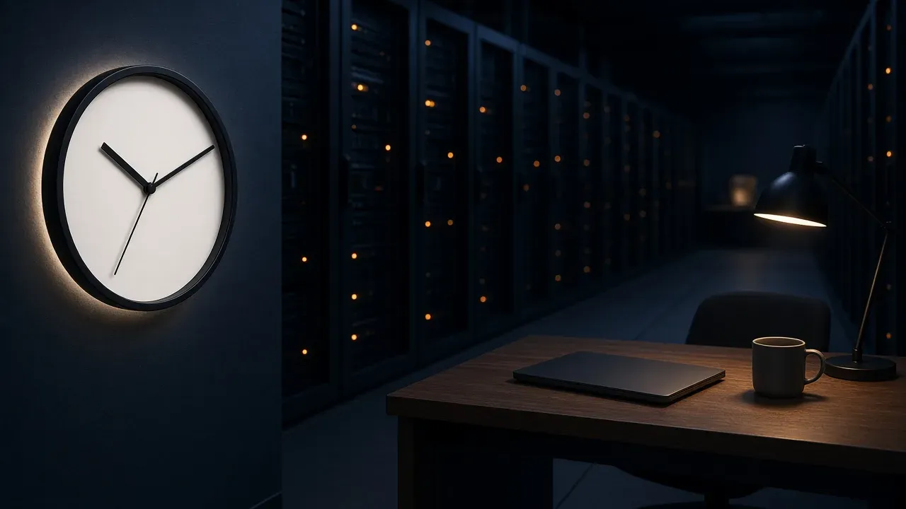 Quiet server hall with a wall clock, used as the reference architecture figure for long-running LMI jobs