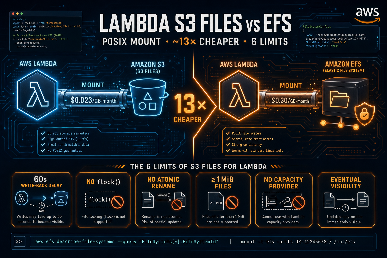 AWS Lambda S3 Files: POSIX Mount for S3, ~13× Cheaper Than EFS — and the 6 Limits to Know