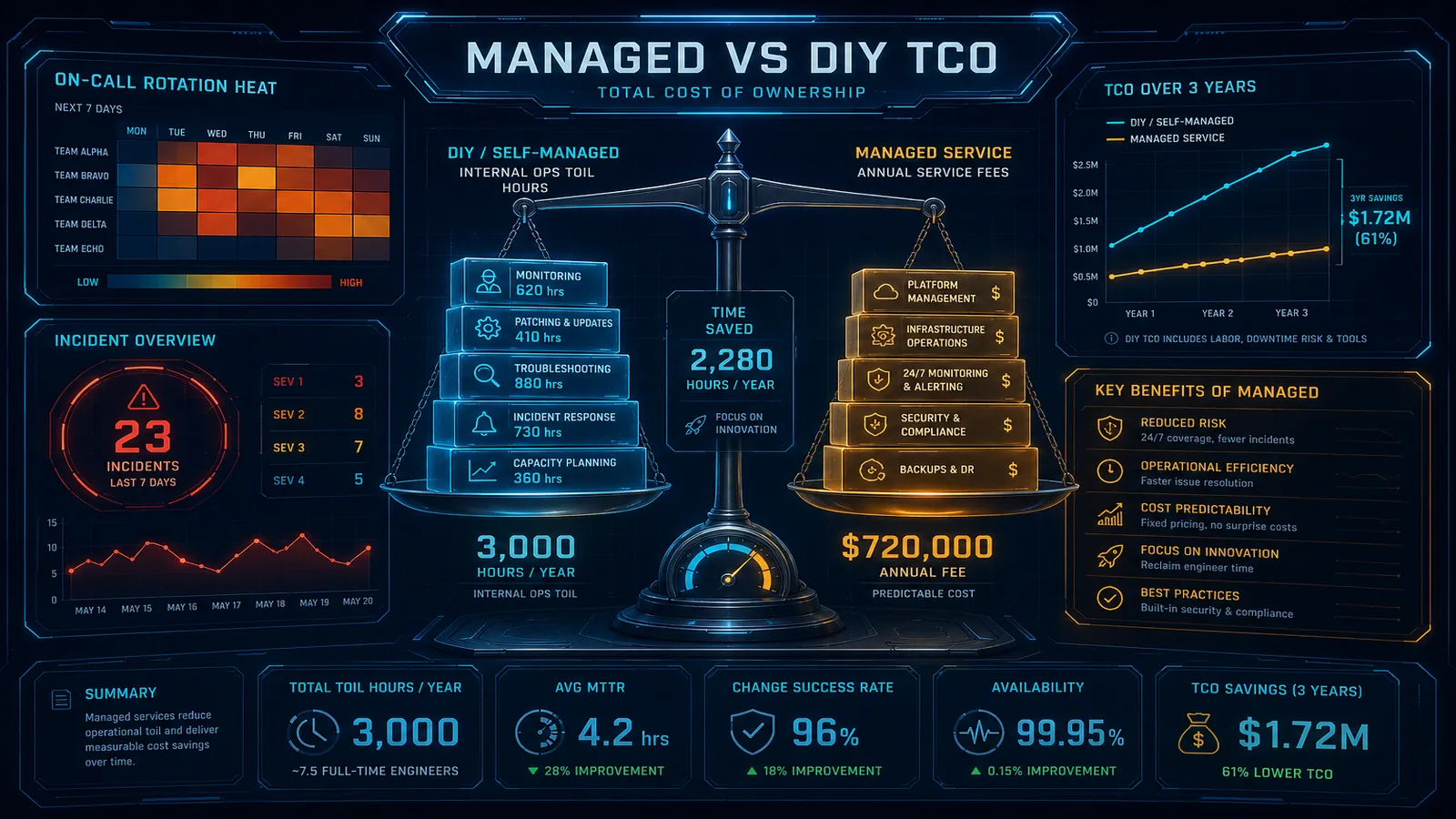 DIY on-call cost stack versus a smaller gold MSP retainer card on a navy ledger