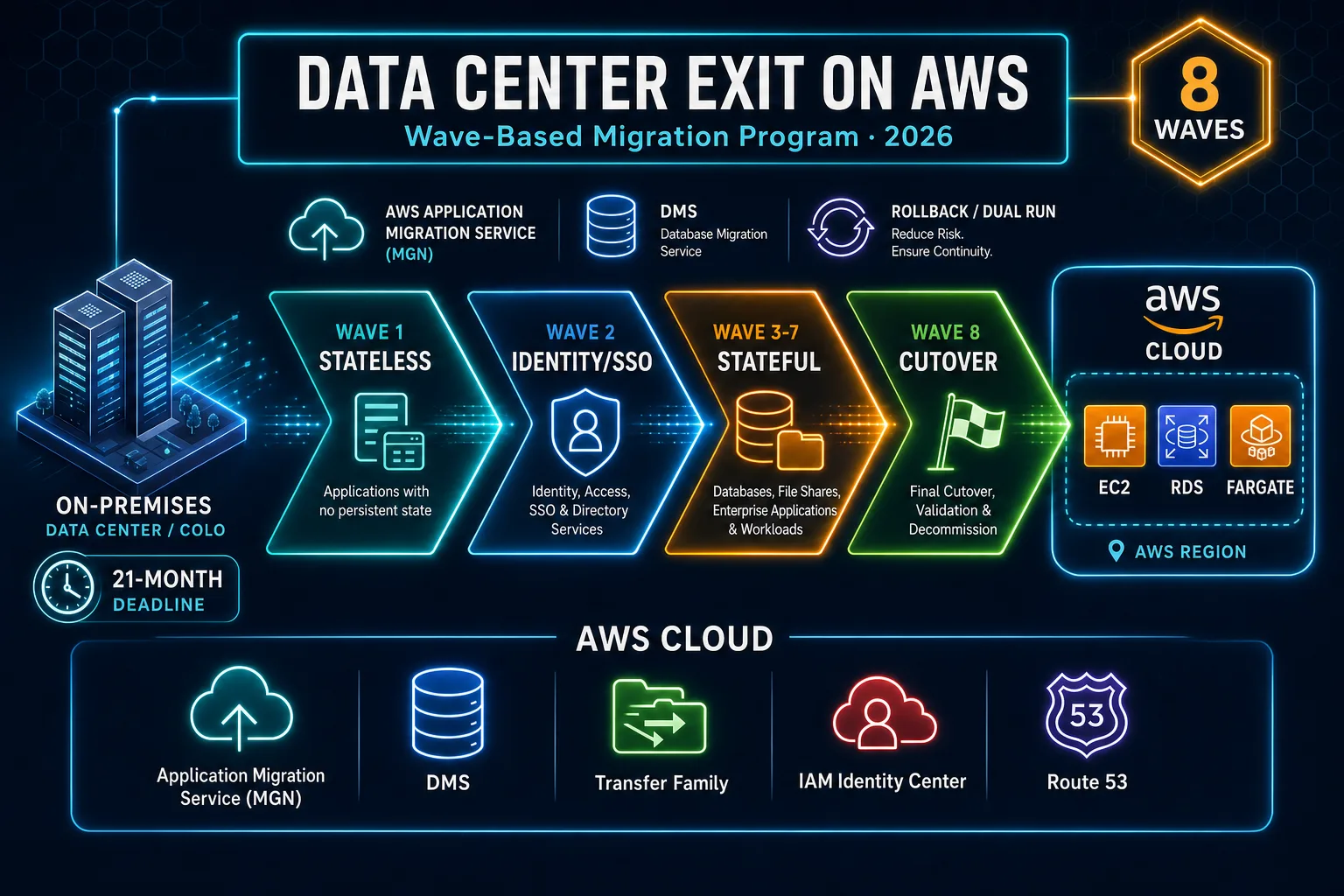 Data Center Exit on AWS (2026): Wave Design, the 22-Month Program, and Why Big-Bang Cutovers Fail on People Before Tech