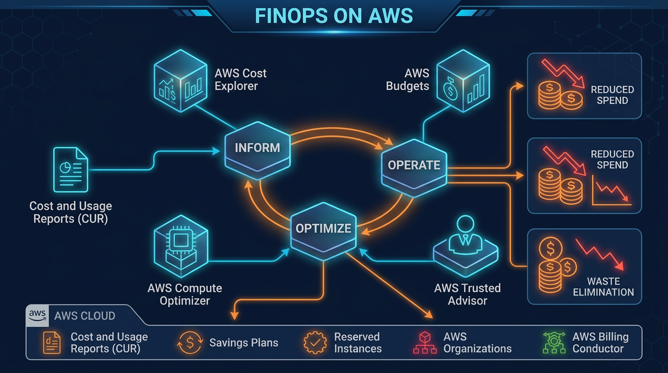 Finance and engineering sharing a gold cost-allocation board over a navy AWS bill